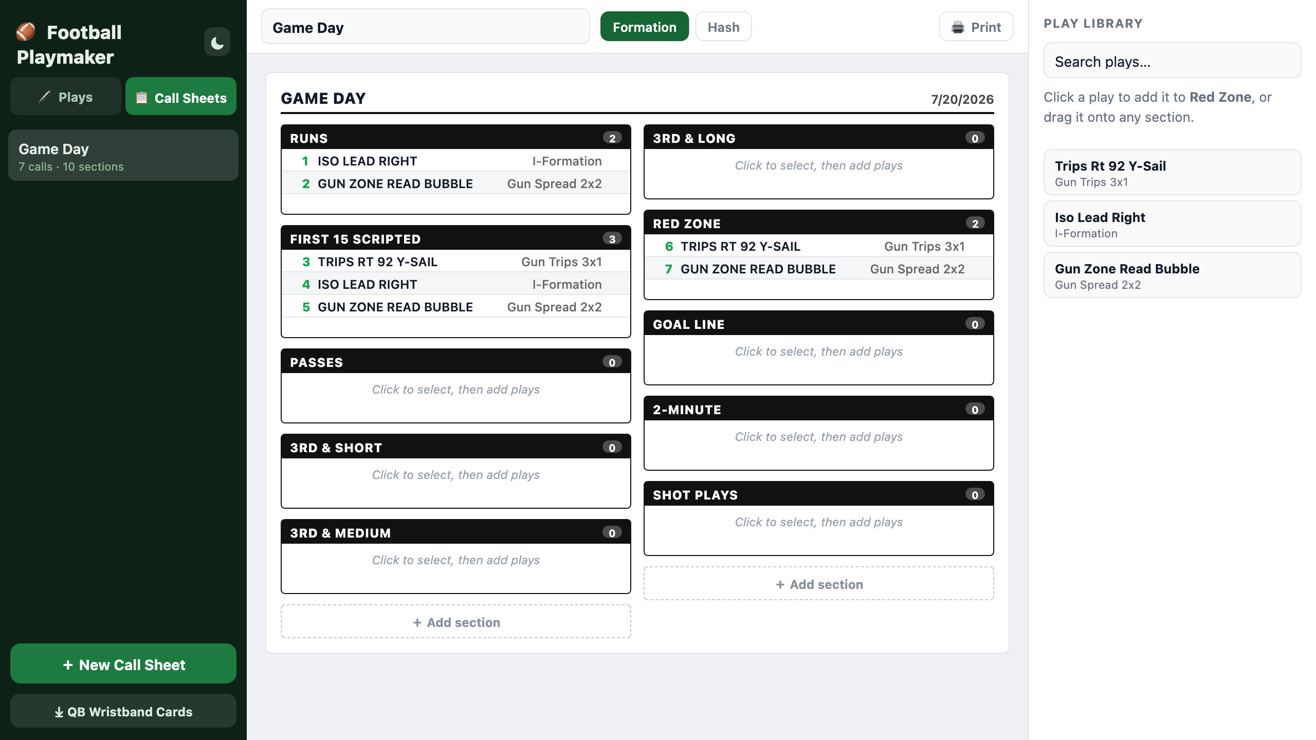 A game-day call sheet with situational sections like Runs, Red Zone, and First 15 Scripted