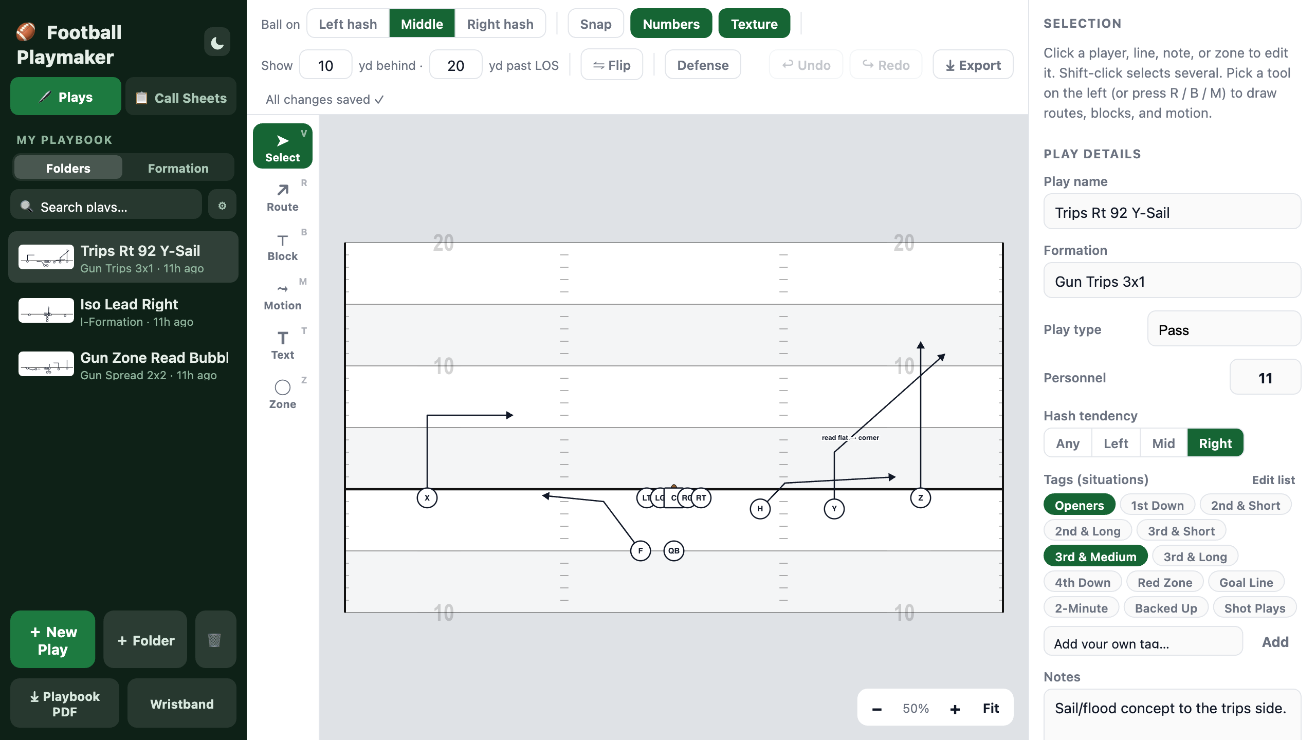Football Playmaker play designer showing a Trips Rt 92 Y-Sail pass concept on the field