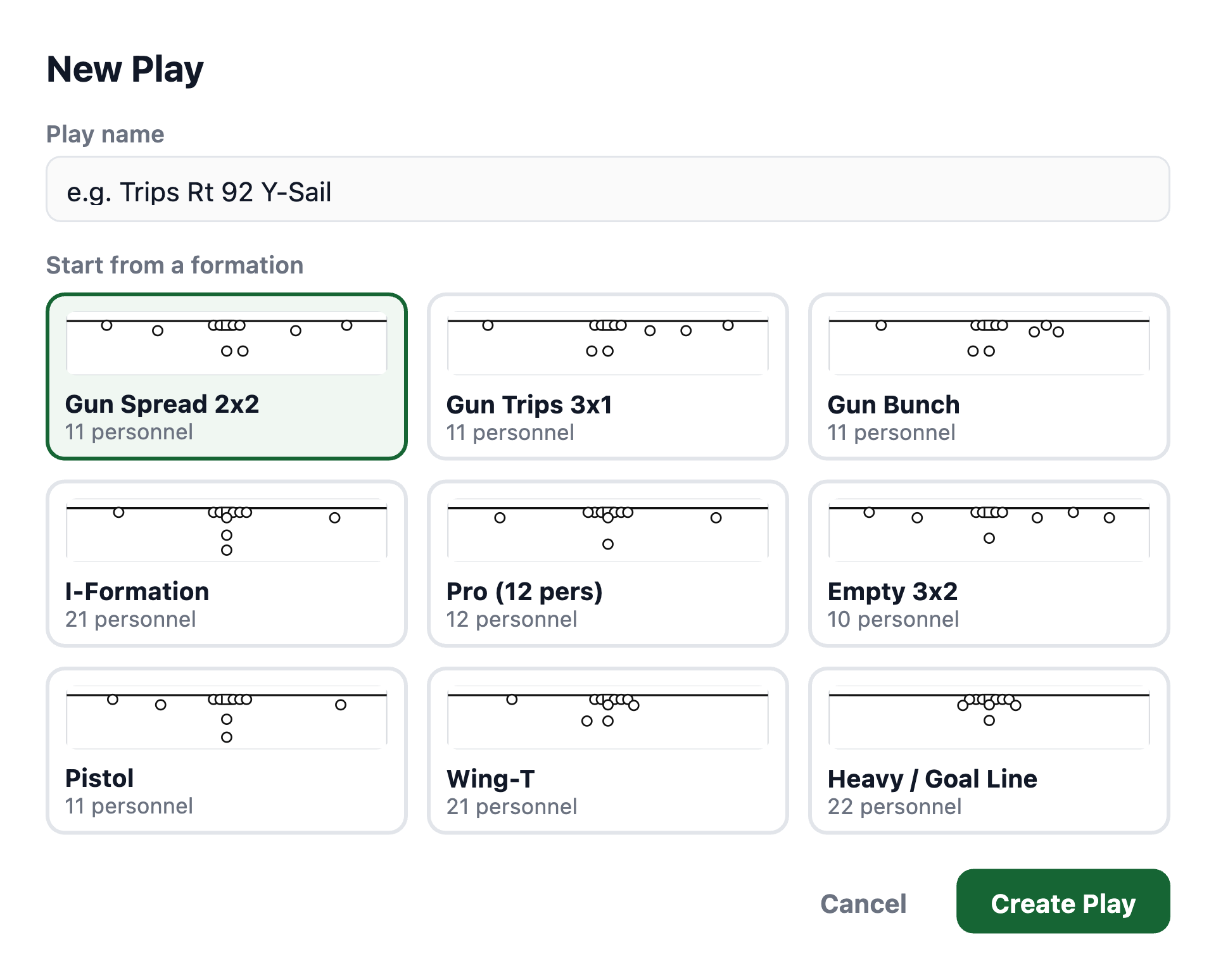 Choosing a starting formation such as Gun Spread, Trips, I-Formation or Pistol